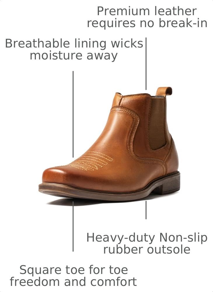 Cowboy Boots for Men Square Toe Leather Ankle Western Chelsea Slip On Boots S8094