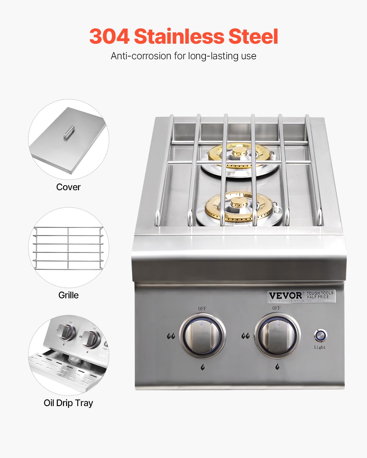 Double Side Burners, 2 x 17,000BTU Liquid Propane, Convertible to Natural Gas, 304 Stainless Steel Built-in G716