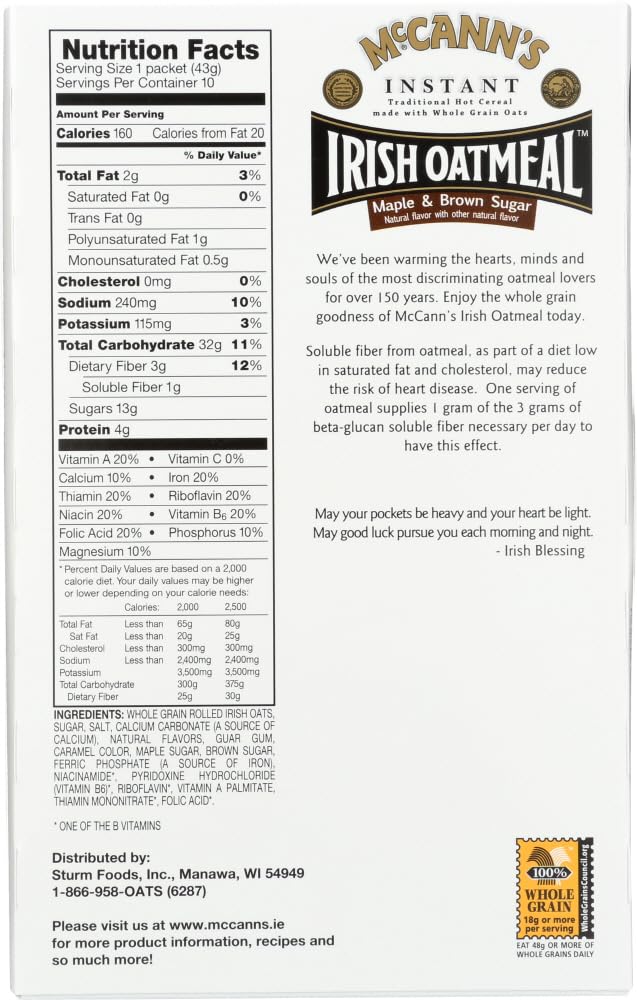 Instant Irish Oatmeal Maple Brown Sugar 10 ct 3 pk O72732
