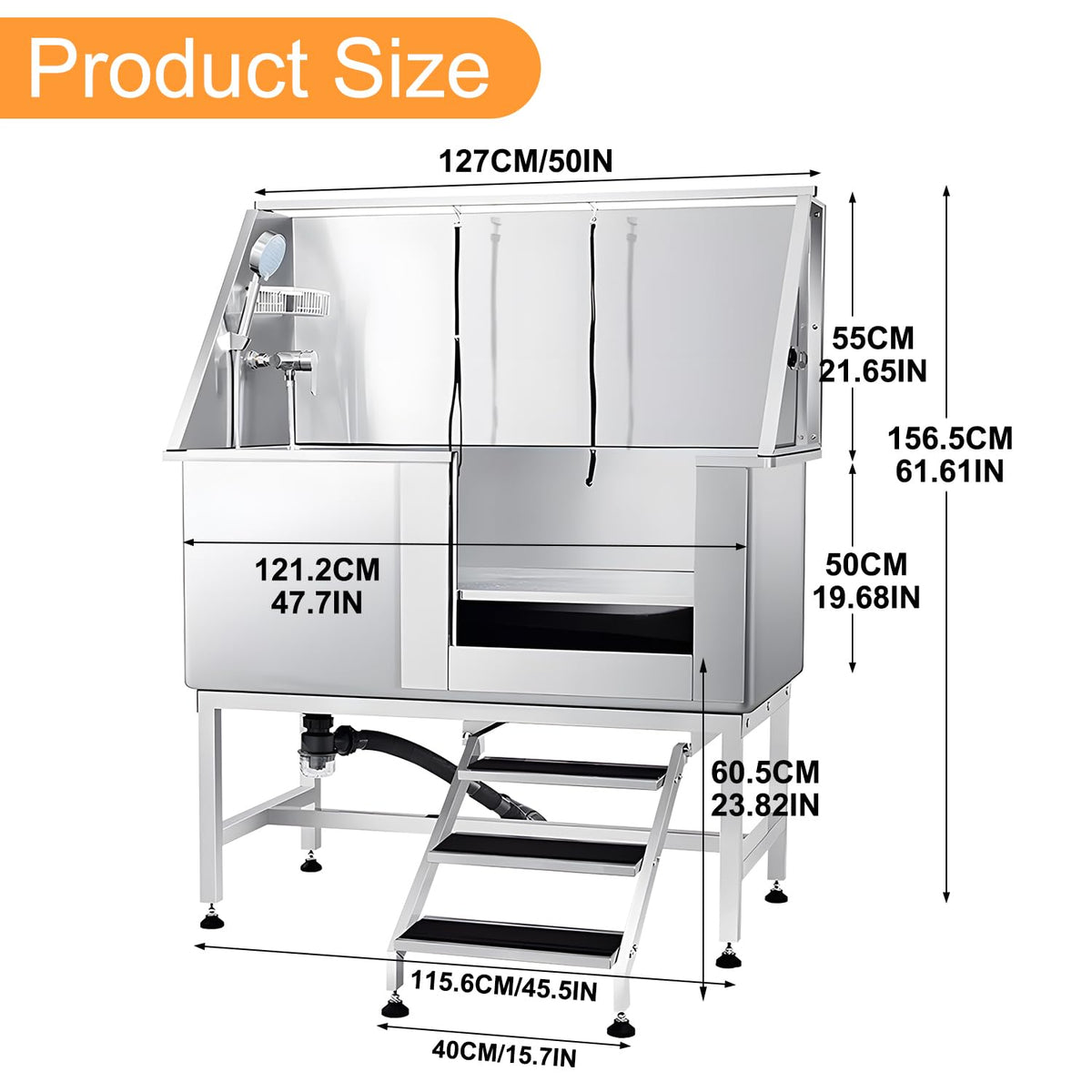 Stainless Steel Dog Grooming Tub with Stairs and Faucet L307