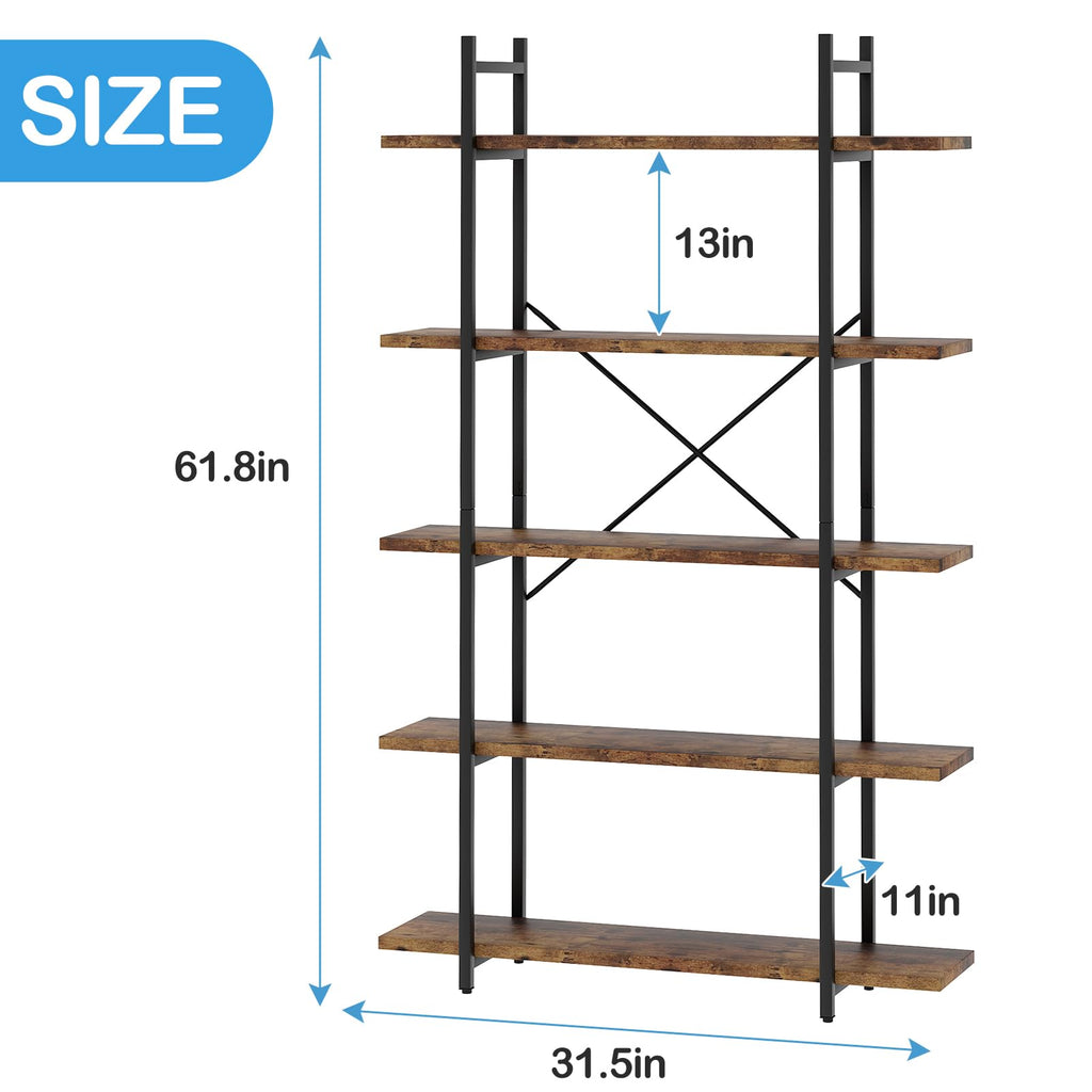 5 Tiers Rustic Brown and Metal Bookshelf B804613