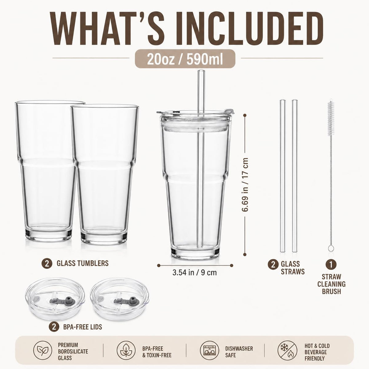 20oz Clear Glass Tumbler with Lid and Straws, Set of 2 Z7685