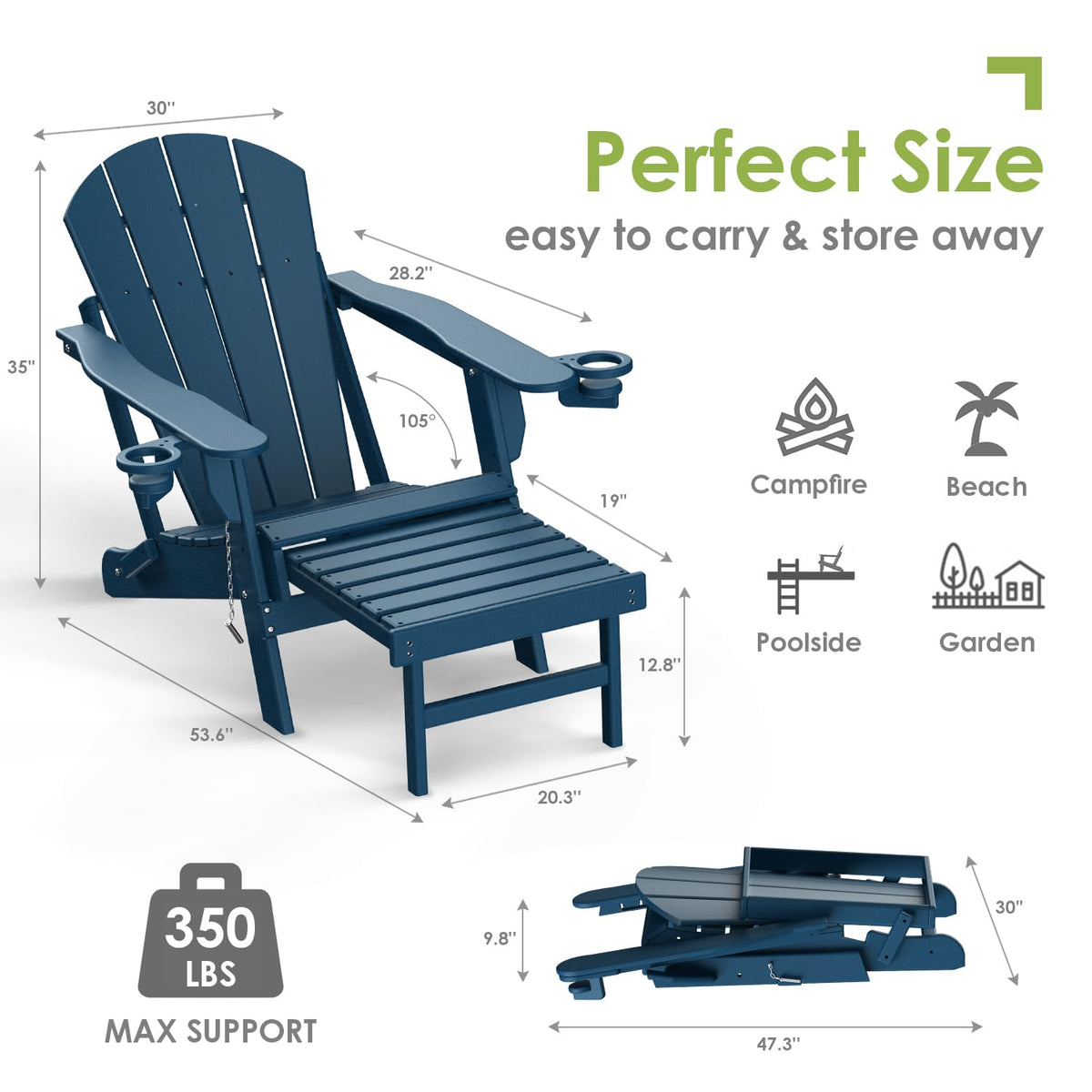 Blue Folding Adirondack Chairs with Ottoman Set of 6 Y71374