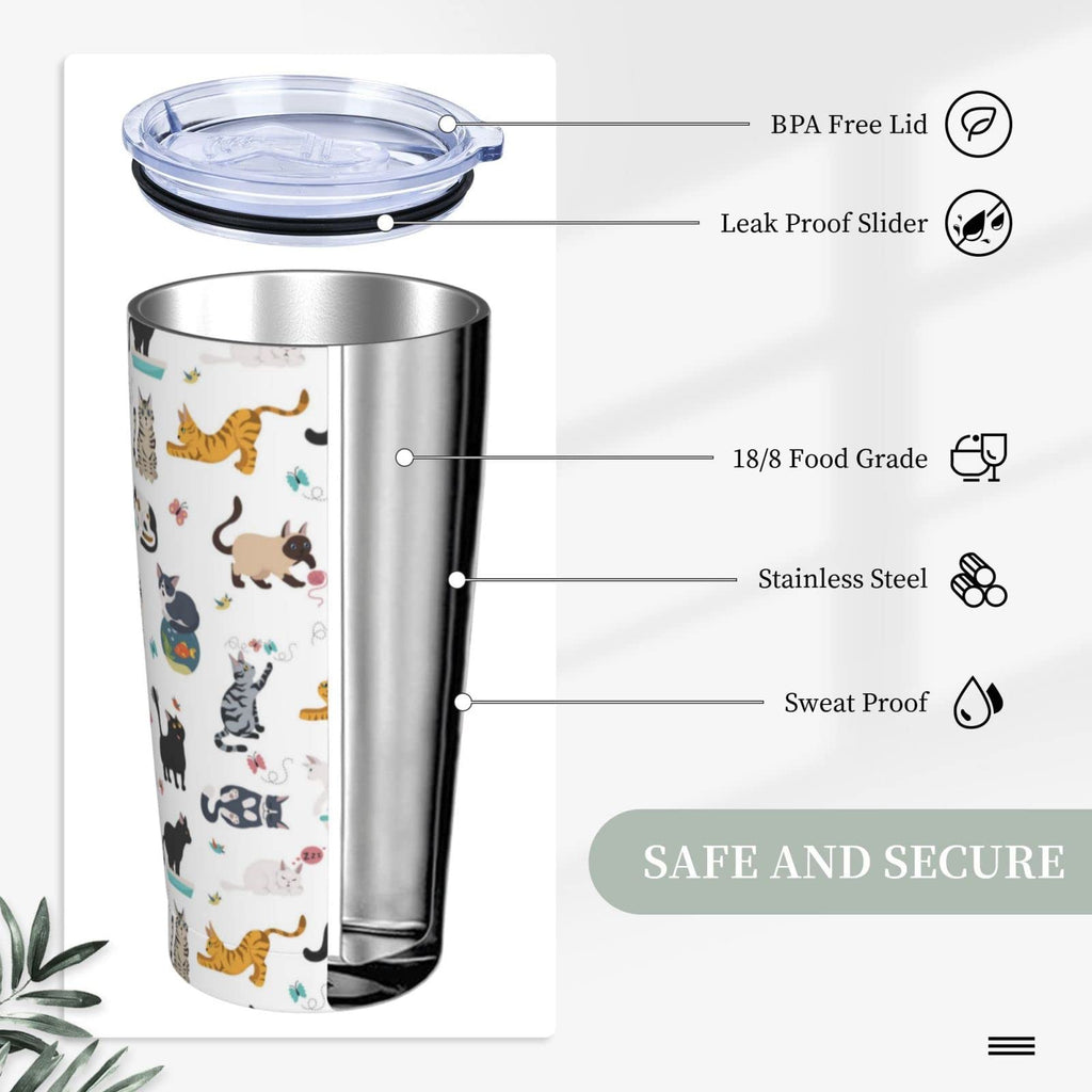 20 Oz Stainless Steel Insulated Cat Tumbler with Lid and Straw L7973