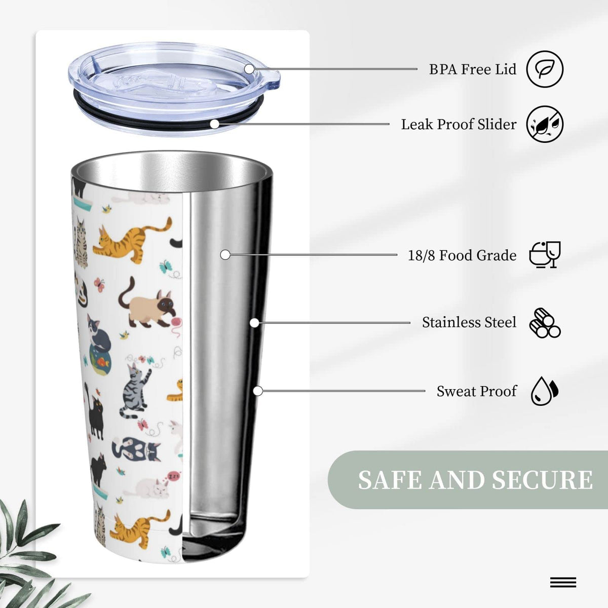 20 Oz Stainless Steel Insulated Cat Tumbler with Lid and Straw L7973