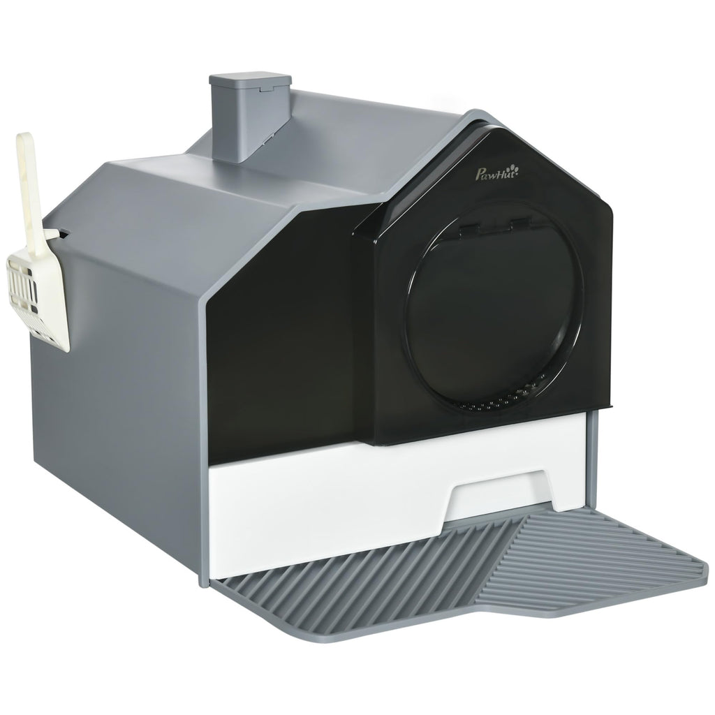 Hooded Cat Litter Box with Litter Mat, Pull-Out Drawer, Handle, Scoop, Gray S527
