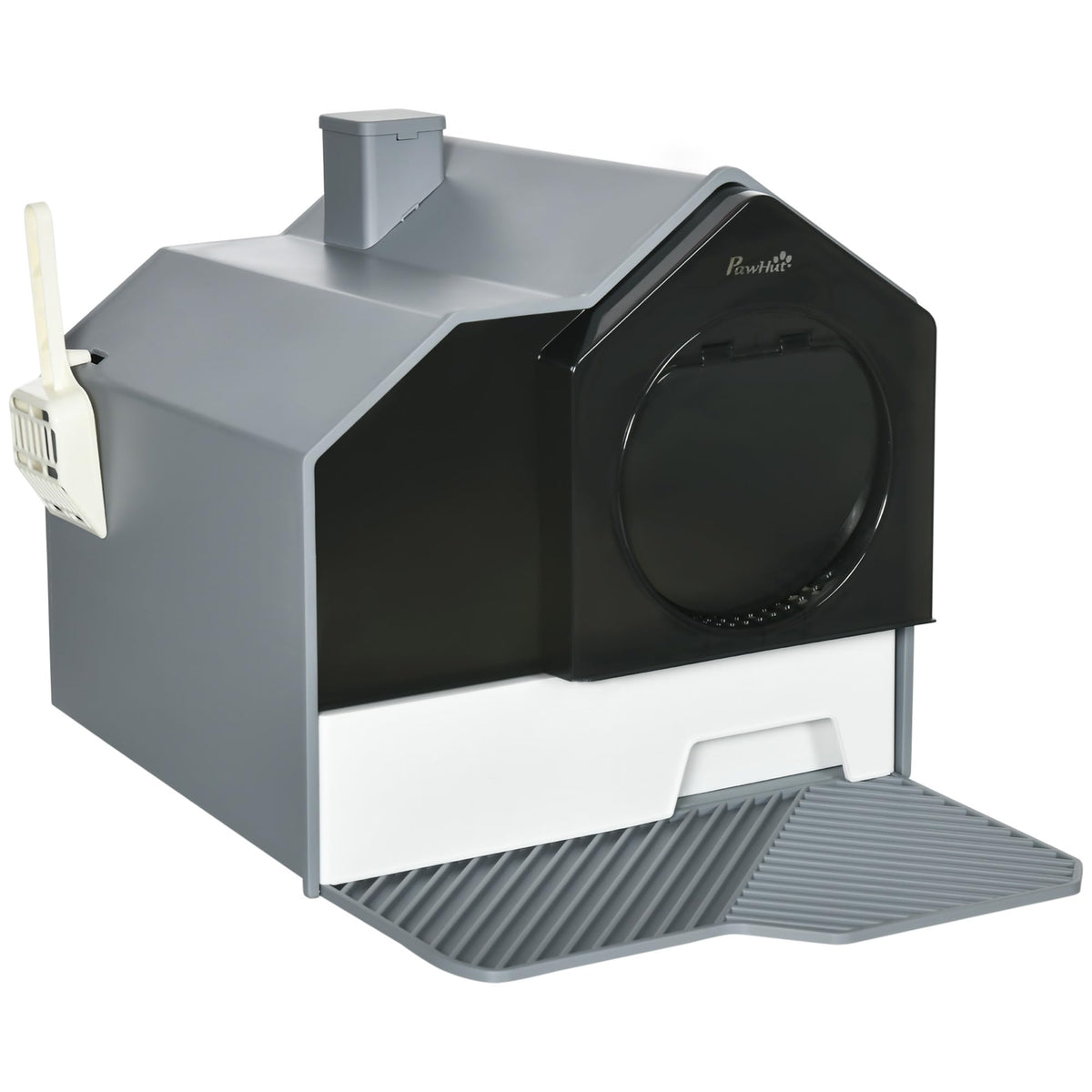 Hooded Cat Litter Box with Litter Mat, Pull-Out Drawer, Handle, Scoop, Gray S527