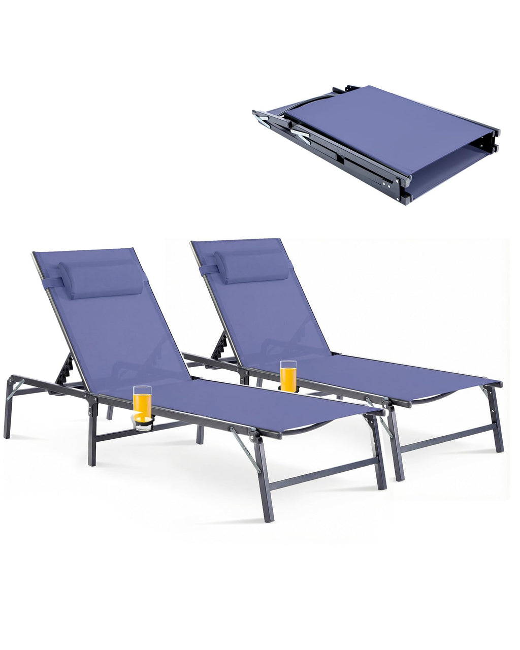 2 Pack Blue Foldable Chaise Lounge Chair with Cup Holder and Pillow R39746