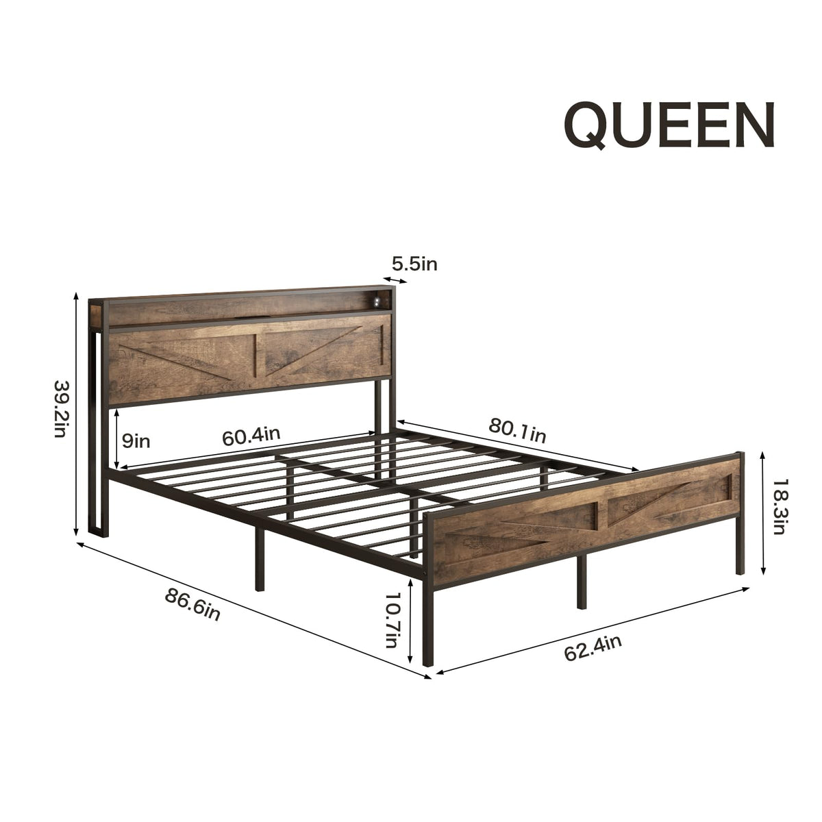 Queen Size LED Metal Platform Bed Frame with Charging Station R2801