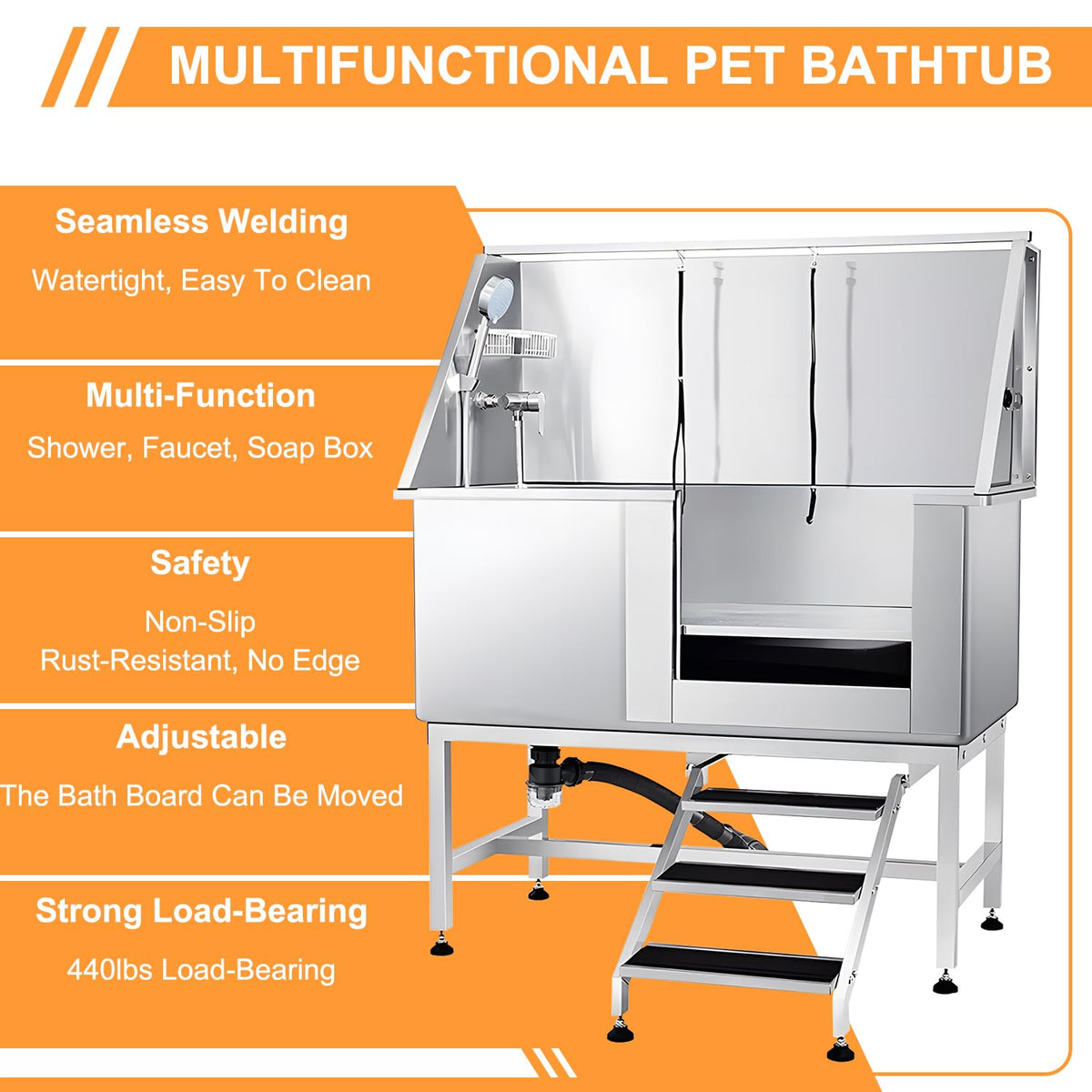 Stainless Steel Dog Grooming Tub with Stairs and Faucet L307