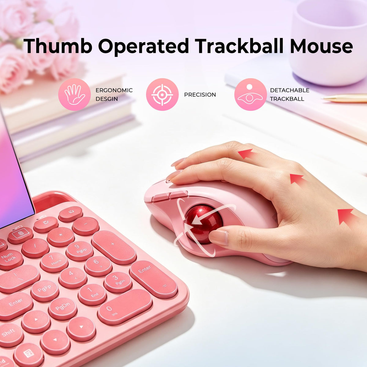 Wireless Ergonomic Pink Trackball Mouse Y571539