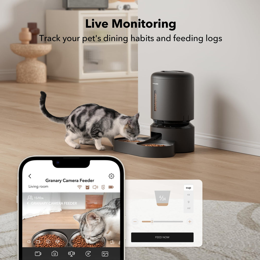 Automatic Cat Feeder with Camera, 1080P HD Video, 5G WiFi, 2-Way Audio, Dual Tray, Black 5L V5740