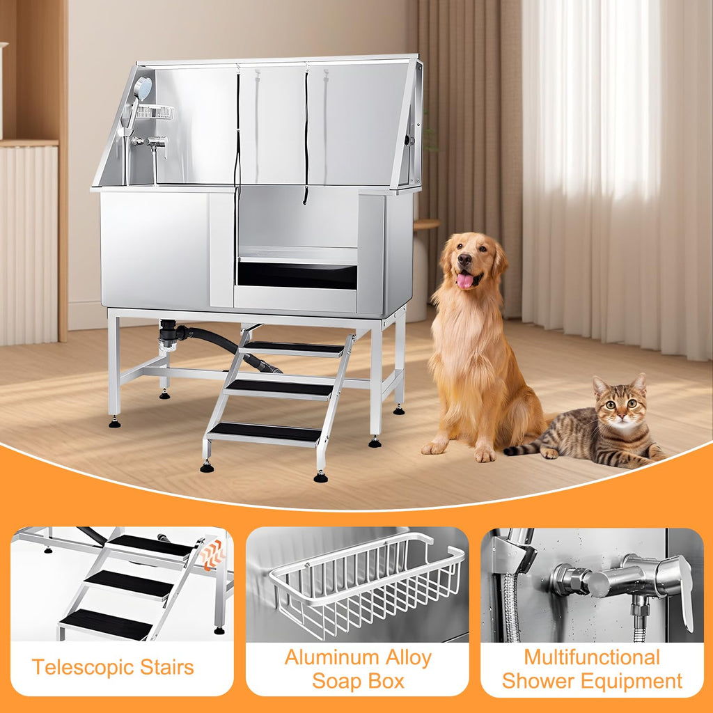 Stainless Steel Dog Grooming Tub with Stairs and Faucet L307