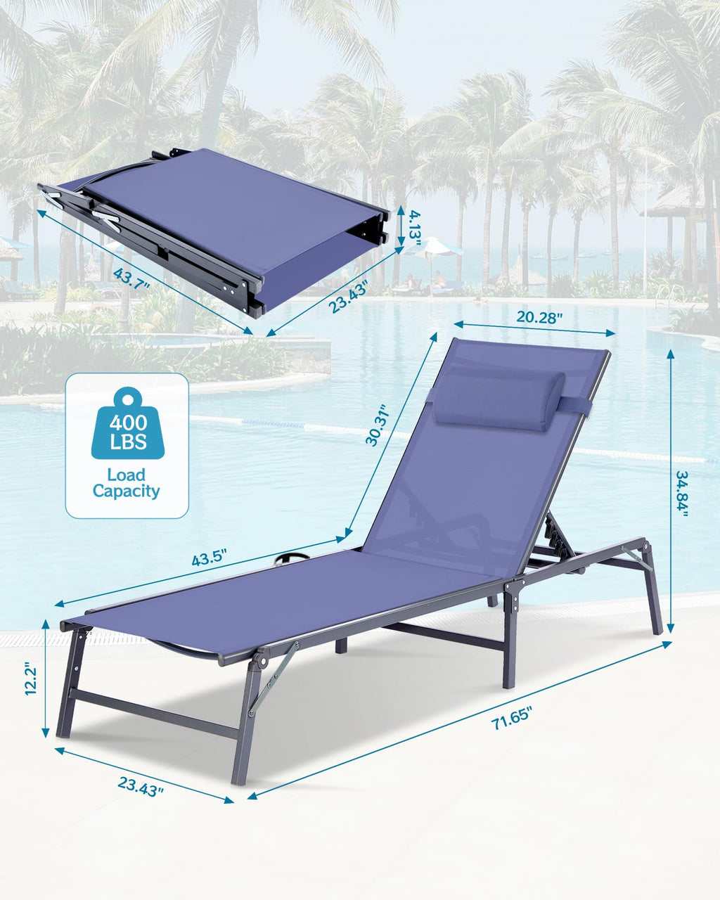 2 Pack Blue Foldable Chaise Lounge Chair with Cup Holder and Pillow R39746
