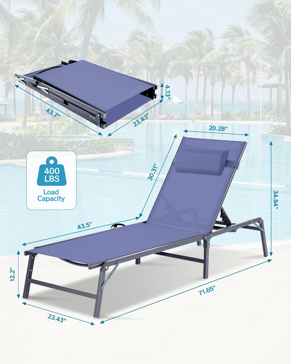 2 Pack Blue Foldable Chaise Lounge Chair with Cup Holder and Pillow R39746