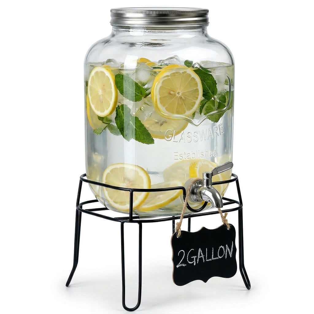 2 Gallon Glass Drink Dispenser with Stand V7562