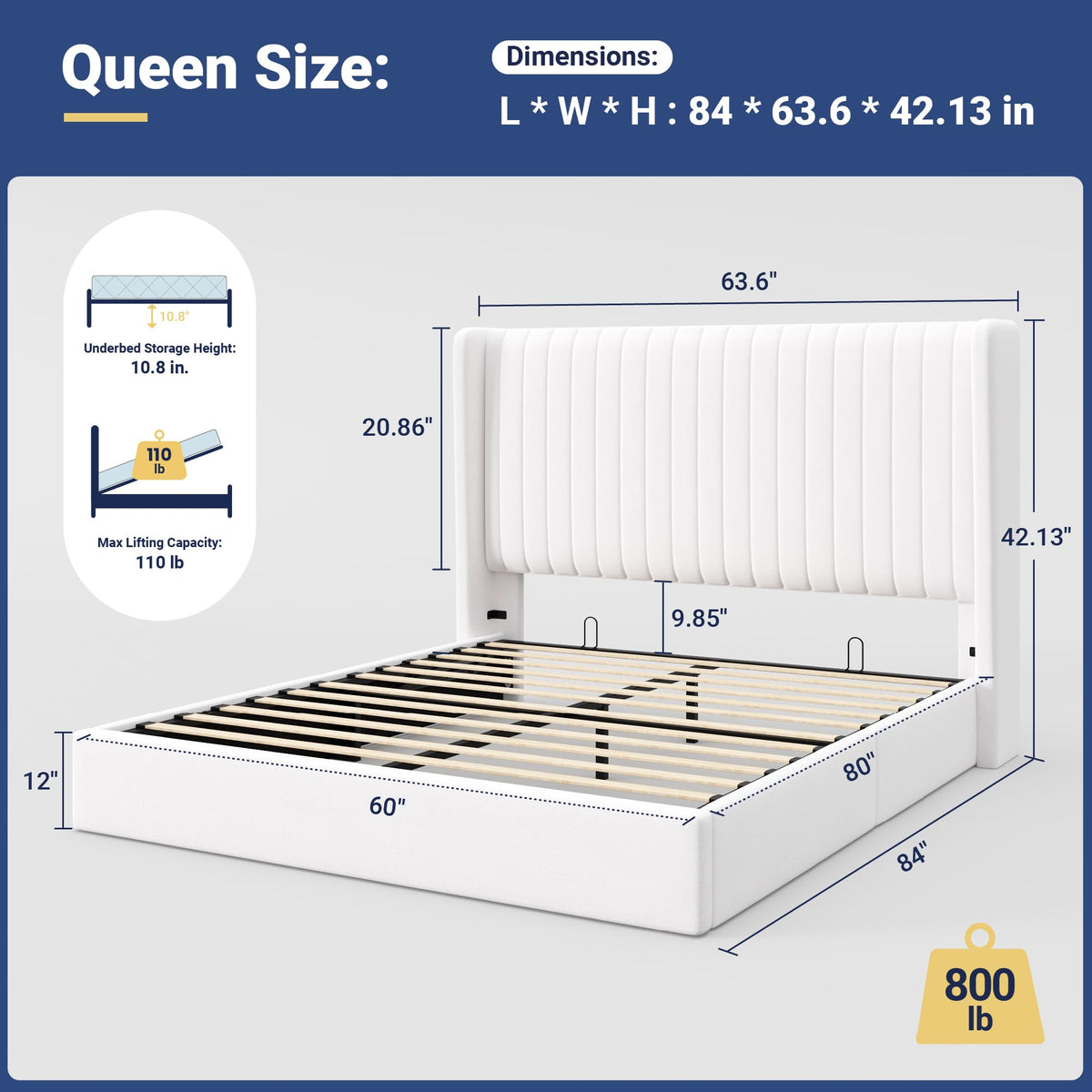 Queen Size Lift Up Storage Bed Frame White R593213