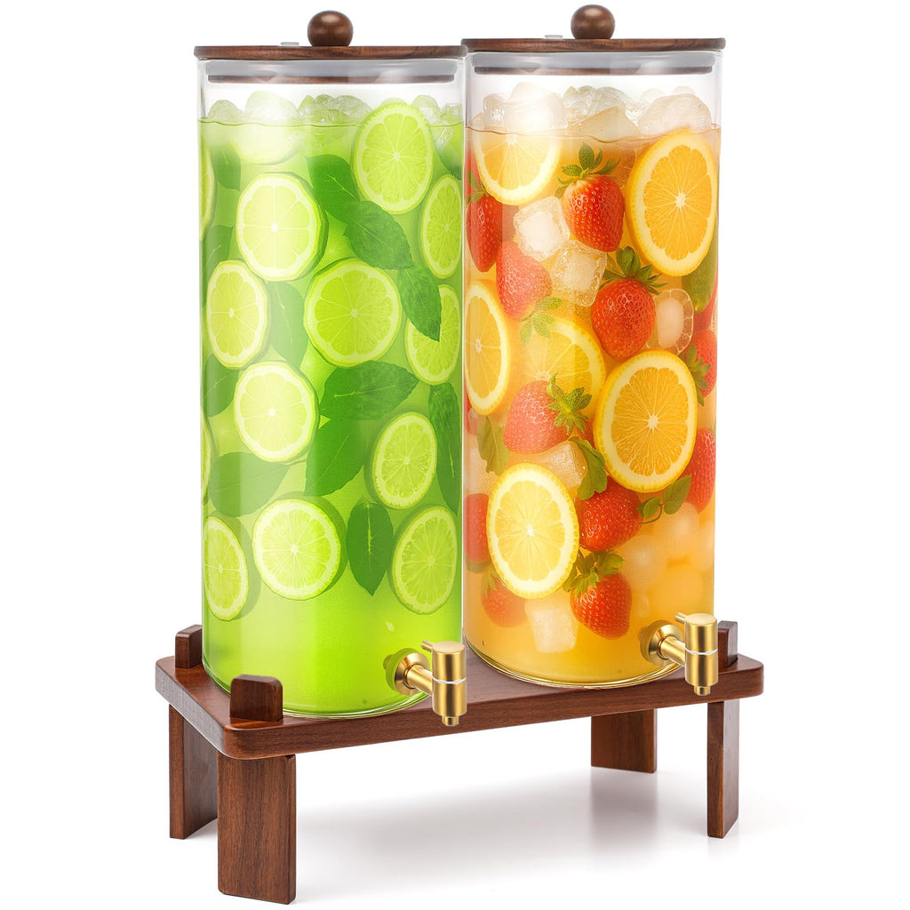 2 Pack 4 Gallon Glass Drink Dispenser with Acacia Wood Stand and Lid Z231020
