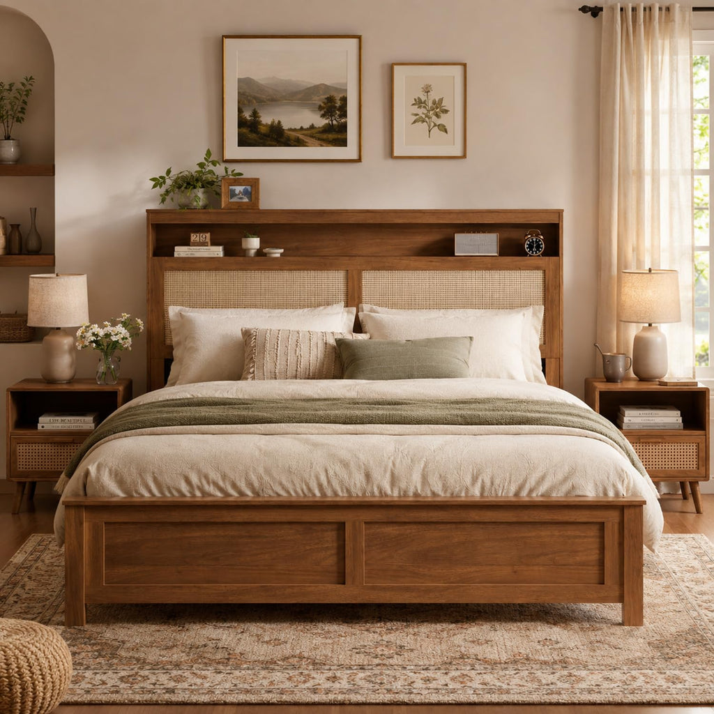 Brown Queen Wood Bed Frame with Storage Headboard O323