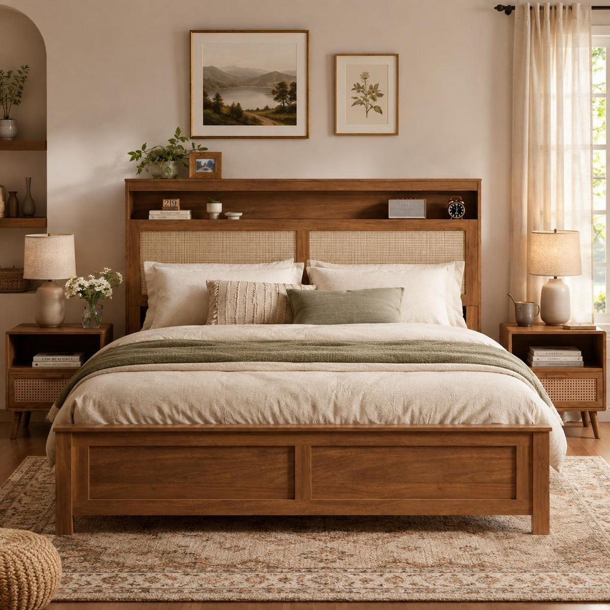 Brown Queen Wood Bed Frame with Storage Headboard O323
