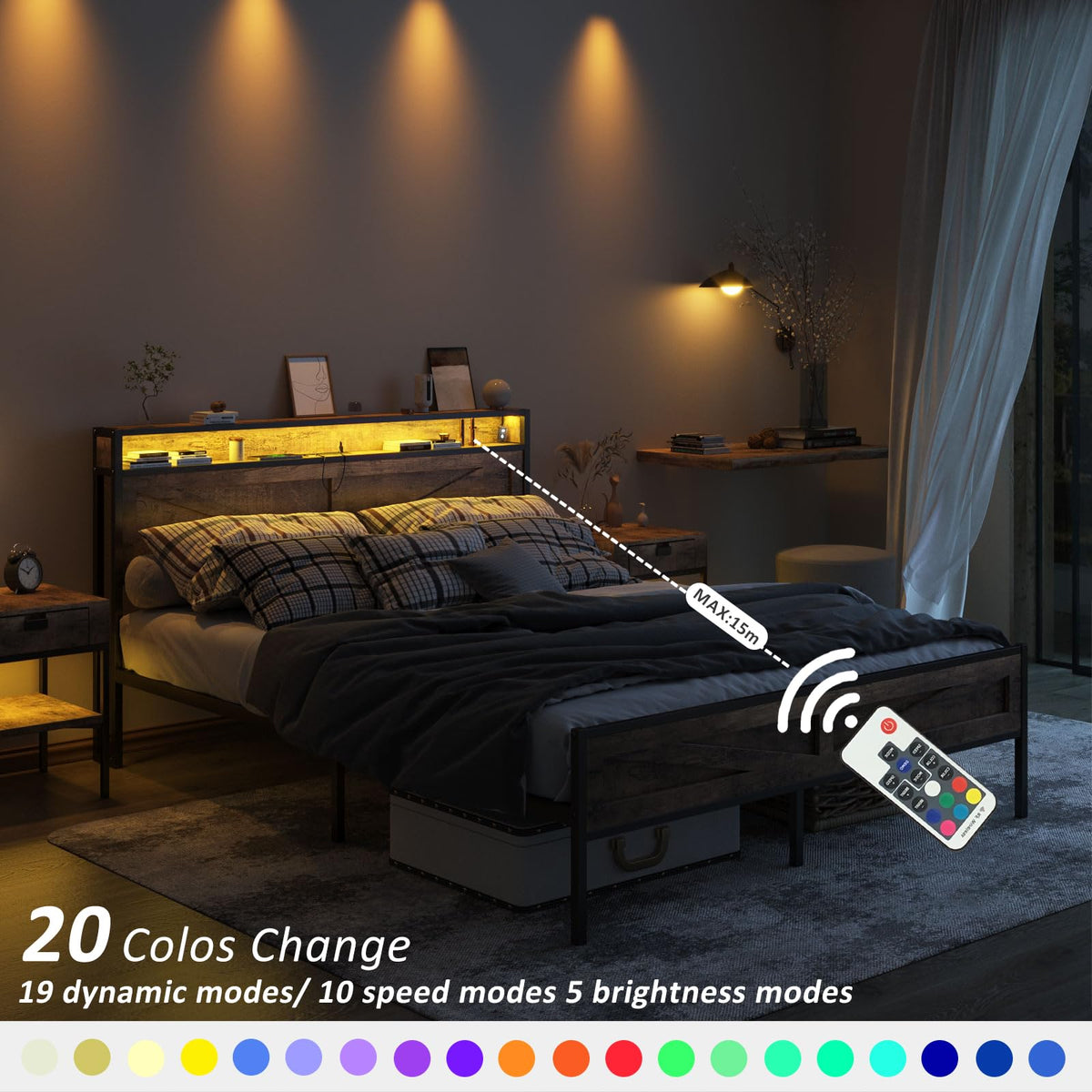 Queen Size LED Metal Platform Bed Frame with Charging Station R2801