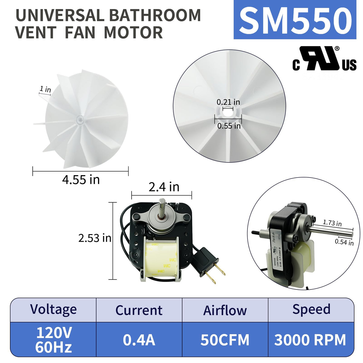 Universal Bathroom Vent Exhaust Fan Motor 50 CFM 120V 60Hz U9233