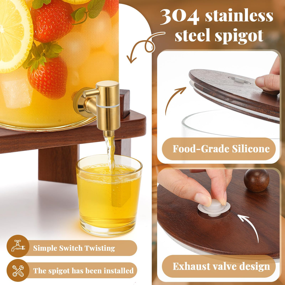 2 Pack 4 Gallon Glass Drink Dispenser with Acacia Wood Stand and Lid Z231020
