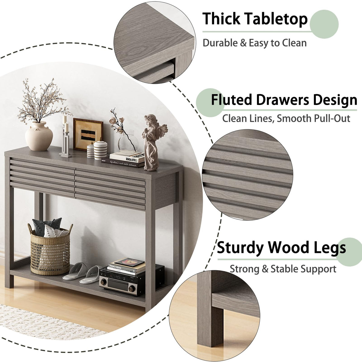 Oak Gray Fluted Console Table with Drawers A837658