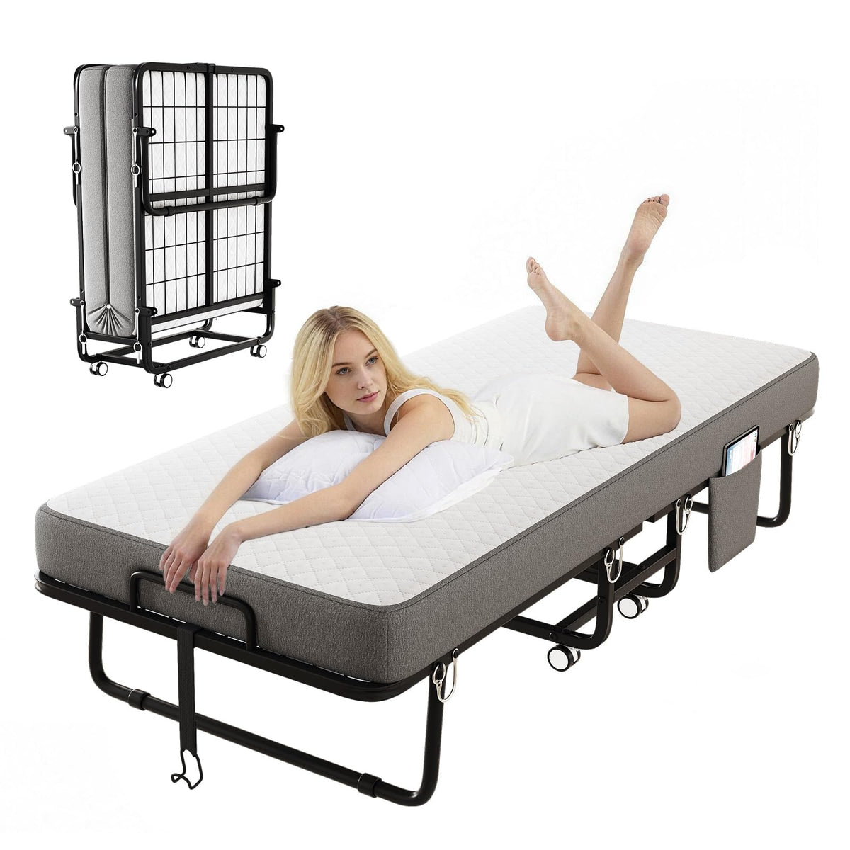 Folding Bed with Mattress, Memory Mattress Metal Frame Single Bed B79422
