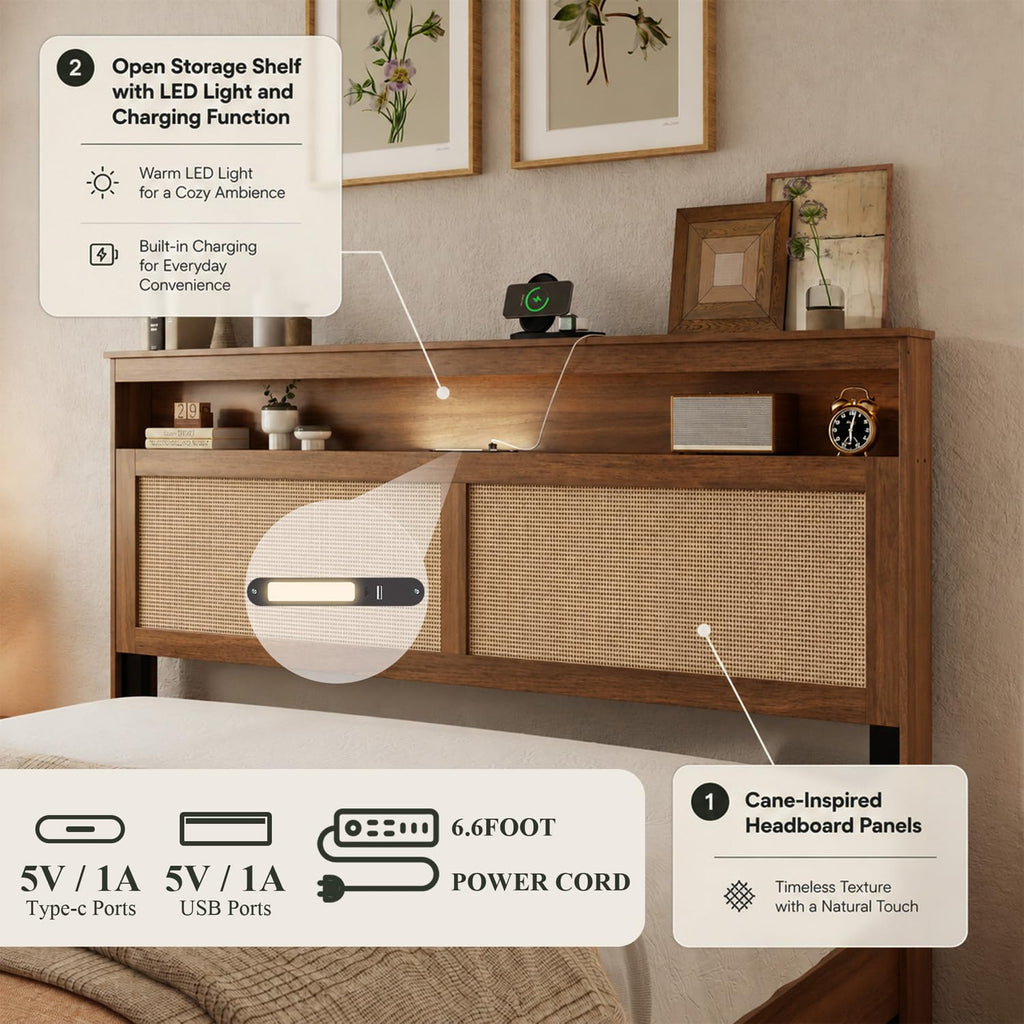 Brown Queen Wood Bed Frame with Storage Headboard O323