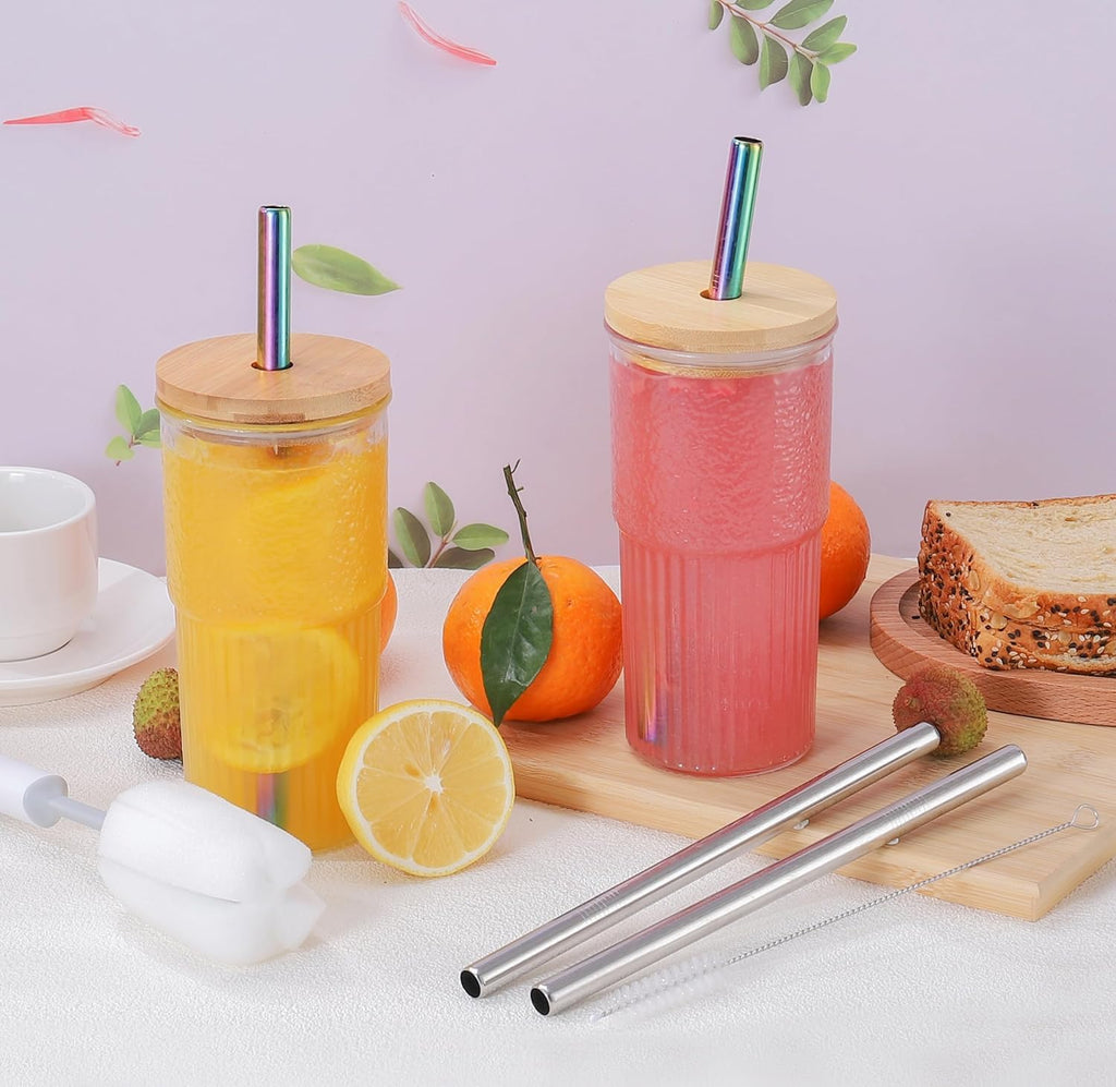22oz Glass Cups Set with Bamboo Lids and Straws N165344