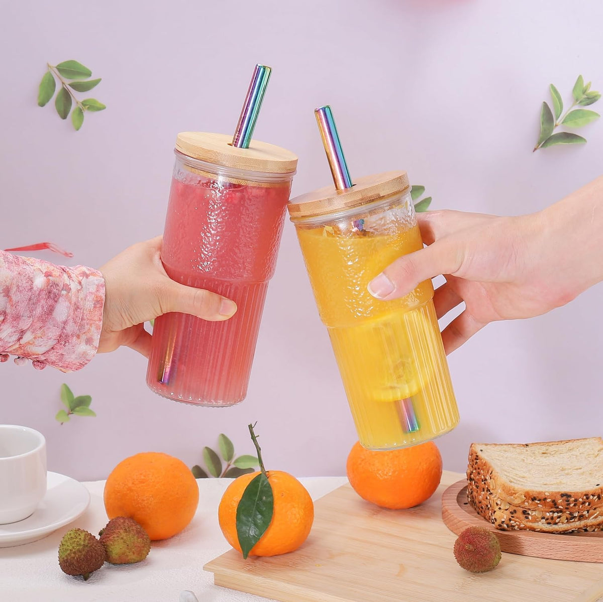 22oz Glass Cups Set with Bamboo Lids and Straws N165344