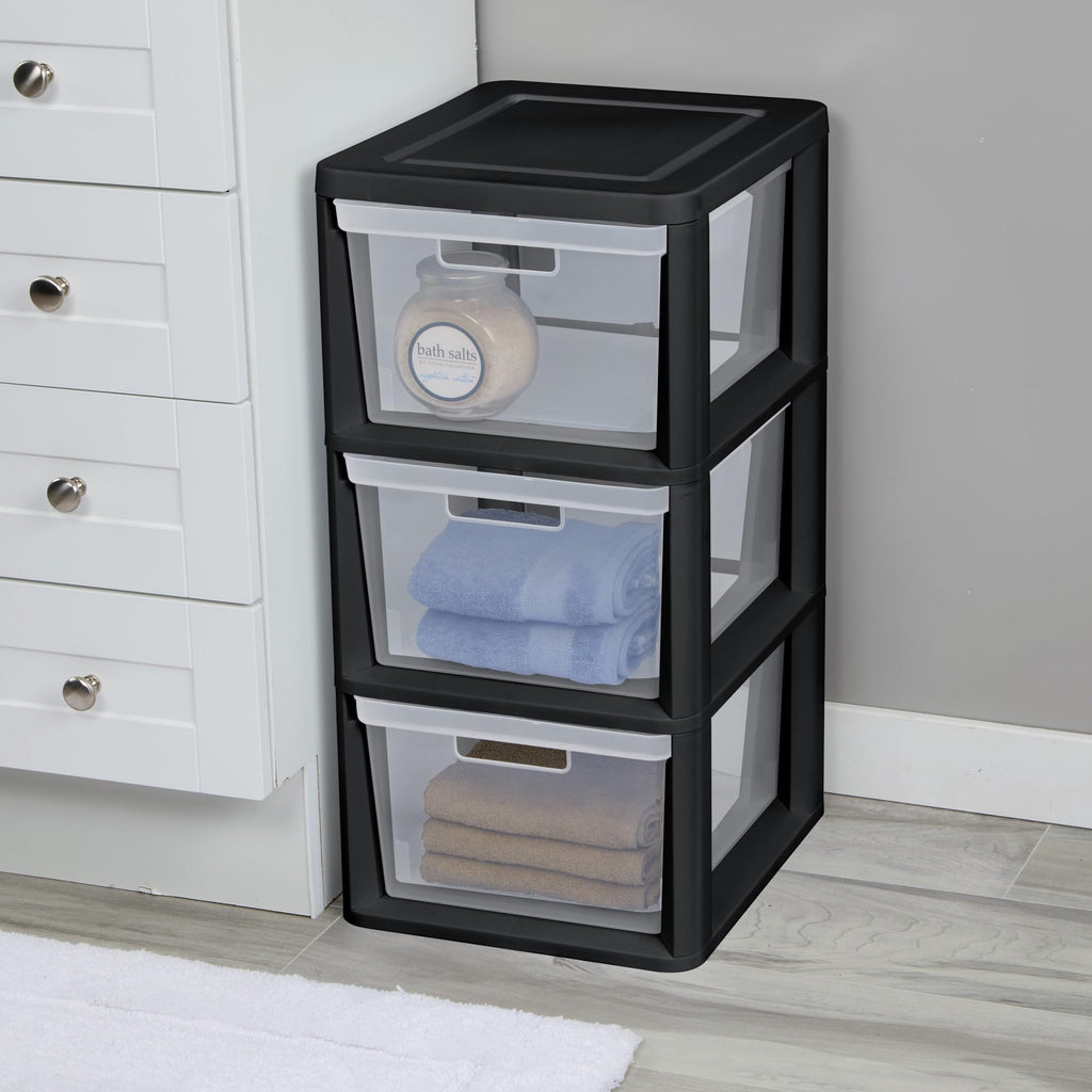 Black 3-Drawer Plastic Storage Tower with Clear Bins W7567