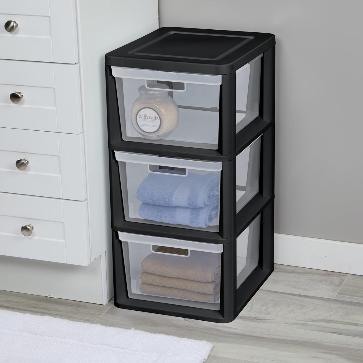 Black 3-Drawer Plastic Storage Tower with Clear Bins W7567