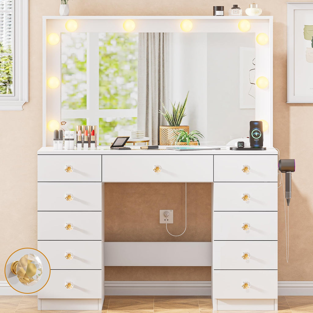 White Vanity Desk with Mirror 10 LED Lights 11 Drawers S101