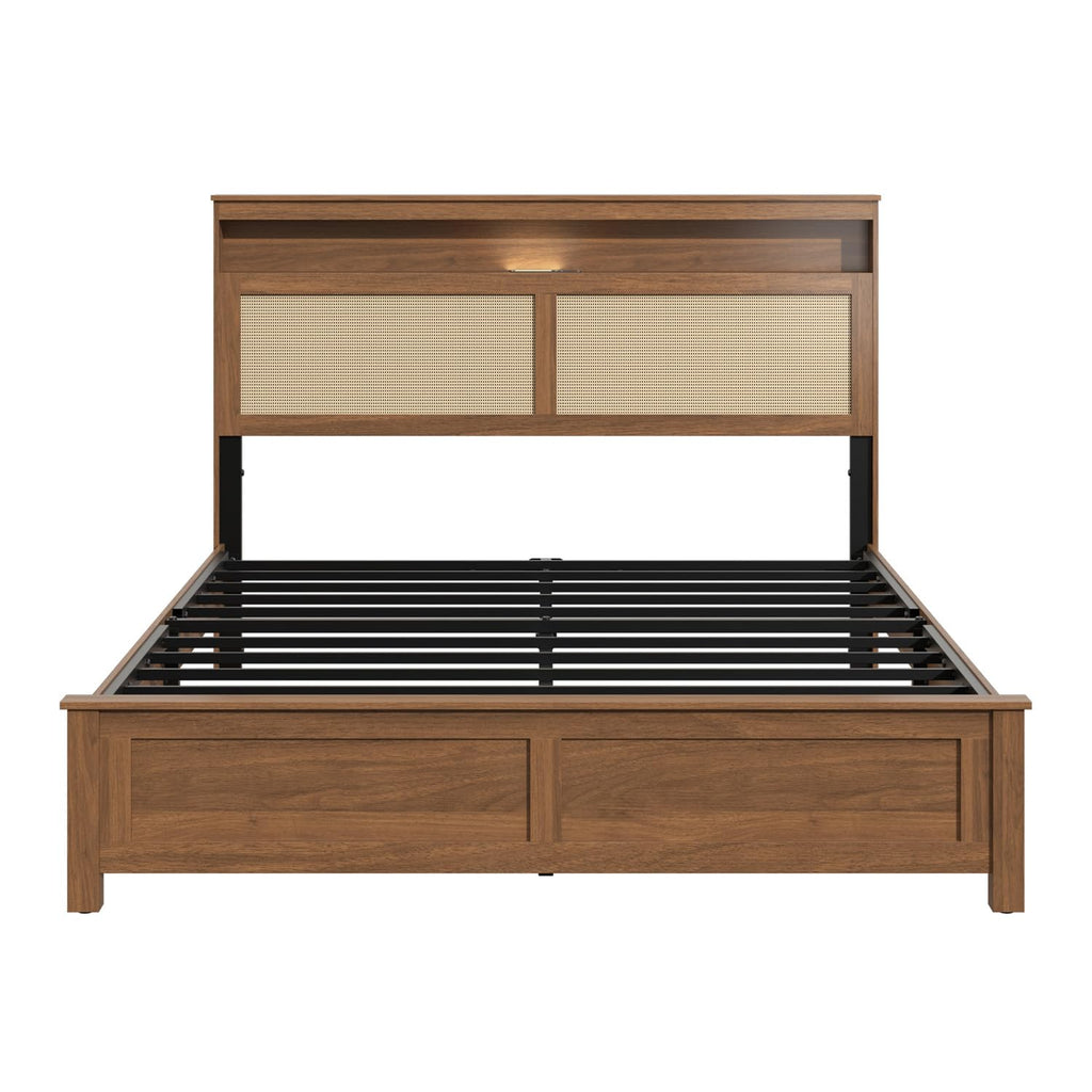 Brown Queen Wood Bed Frame with Storage Headboard O323