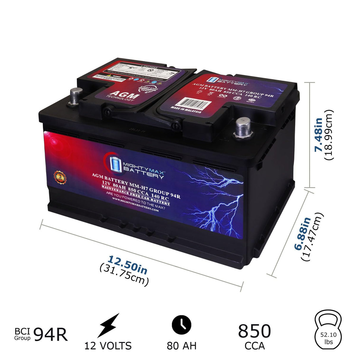 12V 80AH 850 CCA Replacement Battery P22158