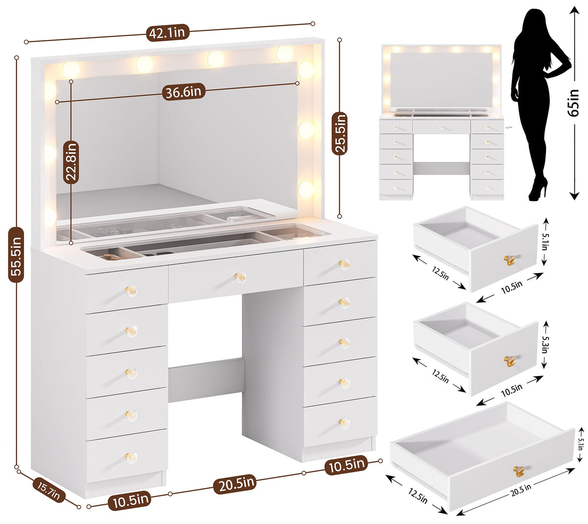 White Vanity Desk with Mirror 10 LED Lights 11 Drawers S101