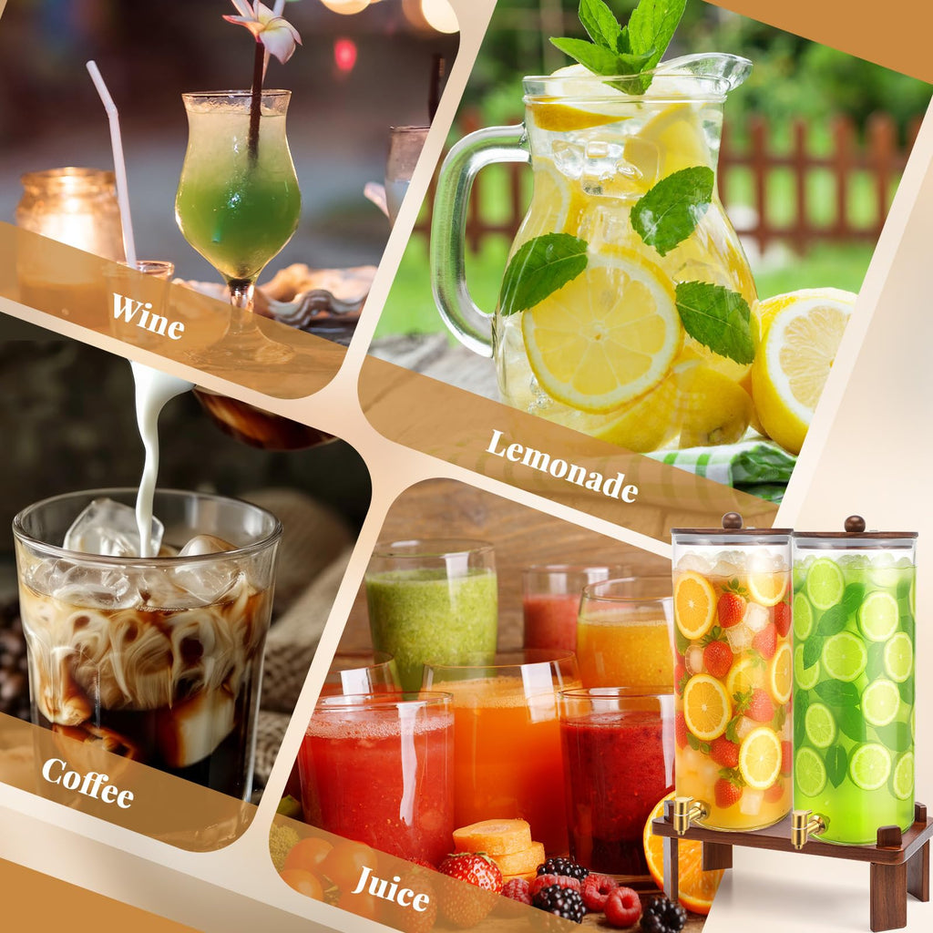 2 Pack 4 Gallon Glass Drink Dispenser with Acacia Wood Stand and Lid Z231020