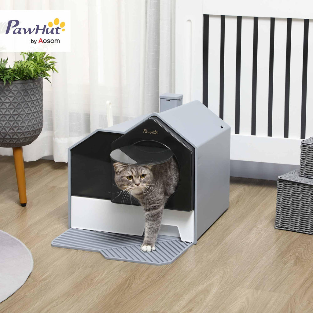 Hooded Cat Litter Box with Litter Mat, Pull-Out Drawer, Handle, Scoop, Gray S527
