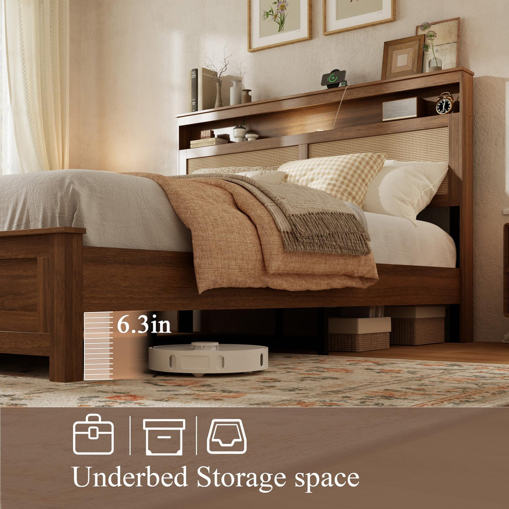 Brown Queen Wood Bed Frame with Storage Headboard O323