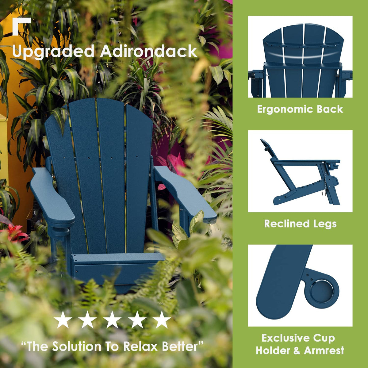 Blue Folding Adirondack Chairs with Ottoman Set of 6 Y71374