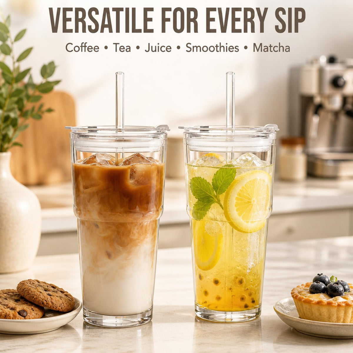 20oz Clear Glass Tumbler with Lid and Straws, Set of 2 Z7685