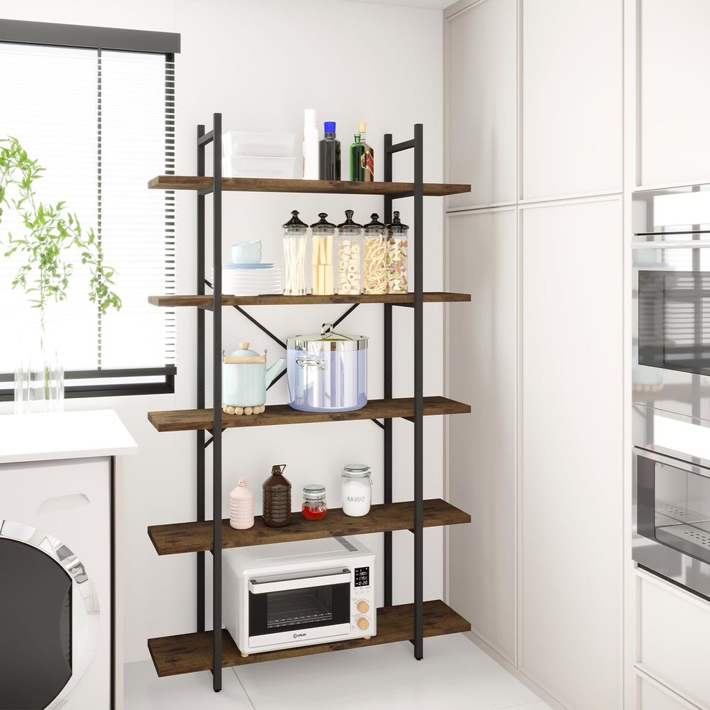 5 Tiers Rustic Brown and Metal Bookshelf B804613