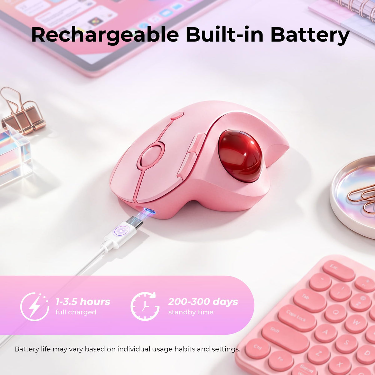 Wireless Ergonomic Pink Trackball Mouse Y571539
