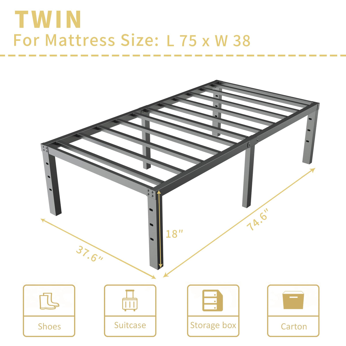 18 Inch Metal Twin Bed Frame Heavy Duty Noise Free E966