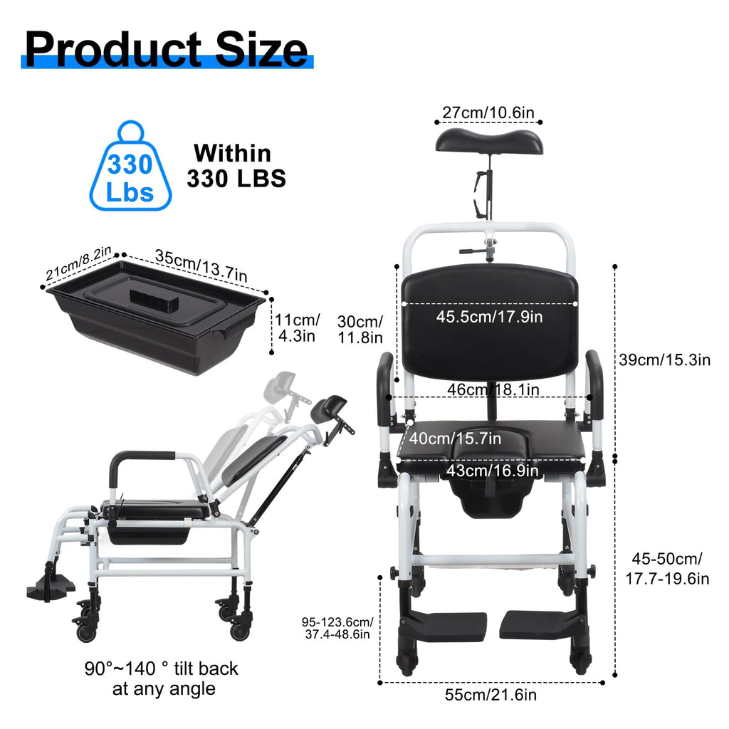 Rolling Shower Chair with Wheels, Adjustable Height Padded Seat & Back E45556