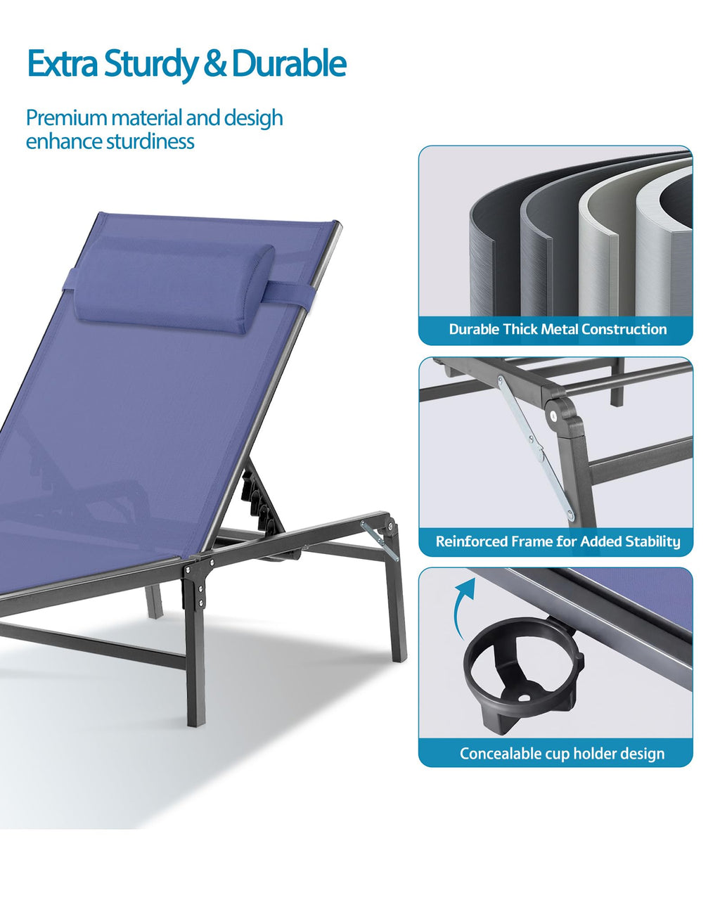 2 Pack Blue Foldable Chaise Lounge Chair with Cup Holder and Pillow R39746