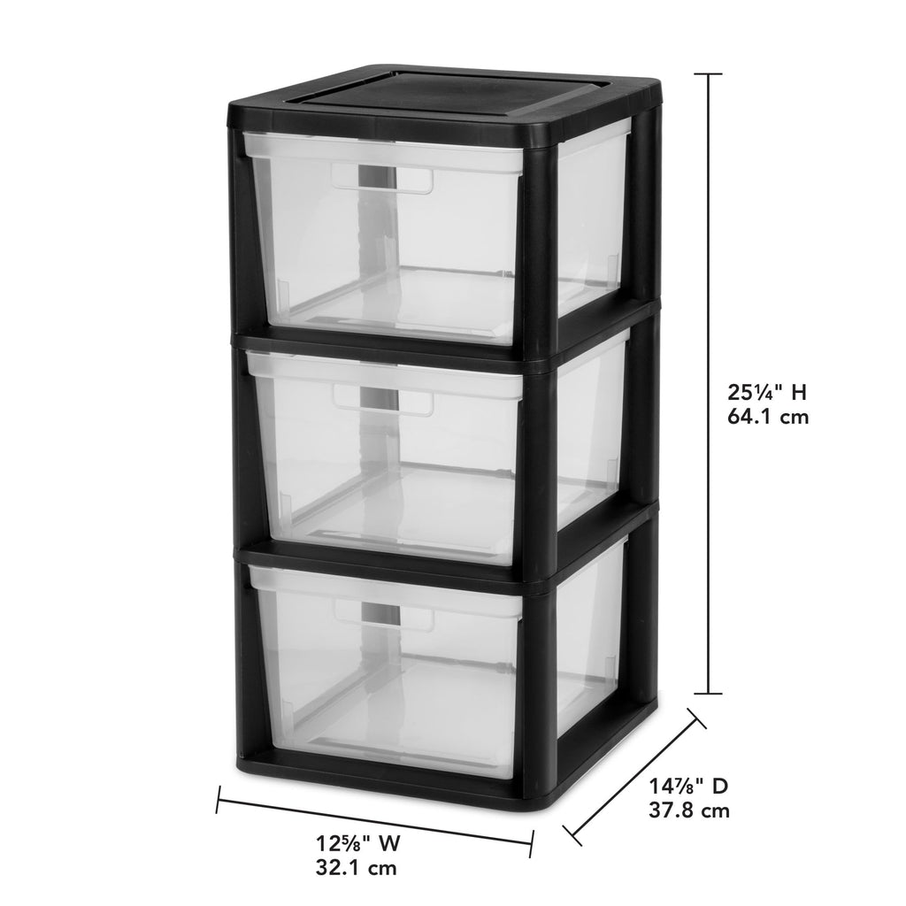 Black 3-Drawer Plastic Storage Tower with Clear Bins W7567
