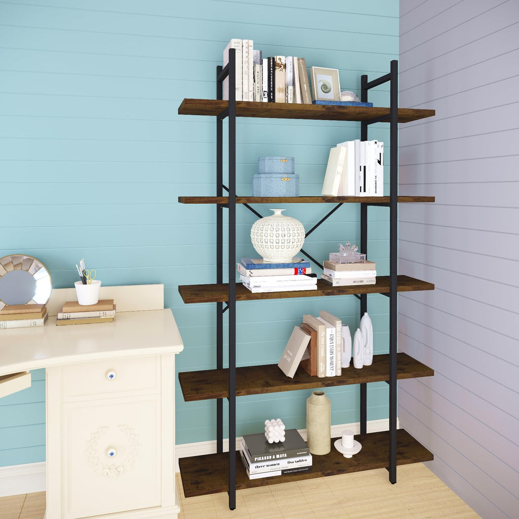 5 Tiers Rustic Brown and Metal Bookshelf B804613
